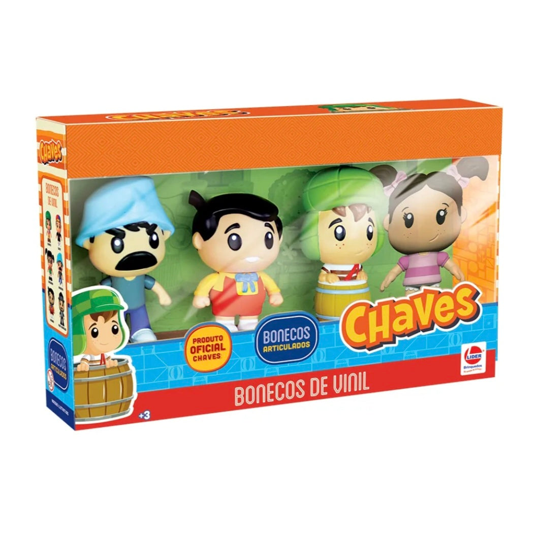 Kit Bonecos de Vinil Chaves - Seu Madruga, Nhonho, Chaves no barril e Popis
