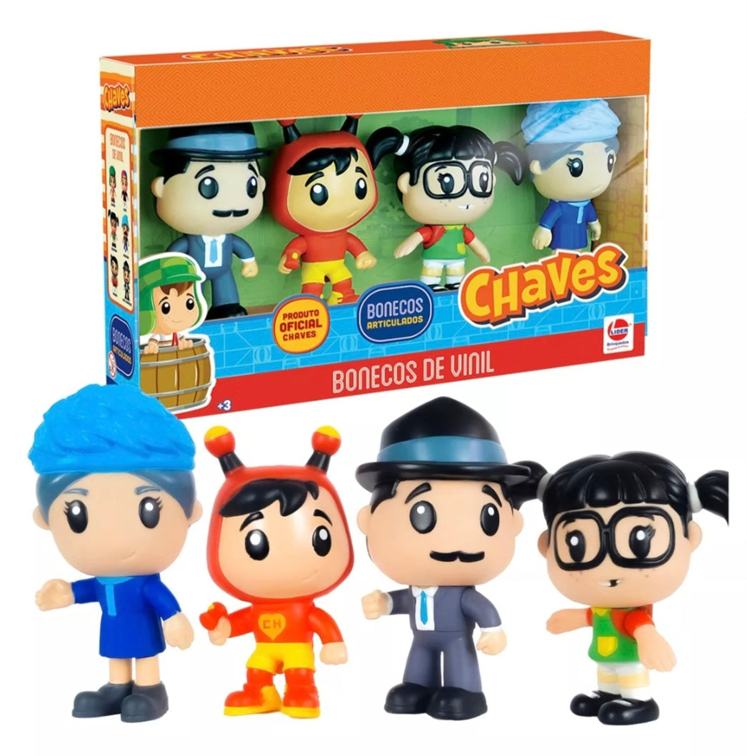 Kit Bonecos de Vinil Chaves - Professor Girafales, Chapolin, Chiquinha e Dona Clotilde