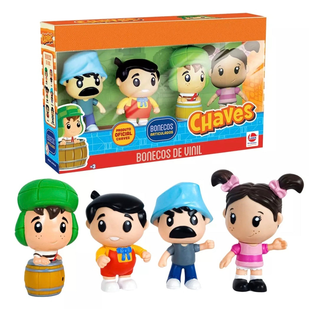 Kit Bonecos de Vinil Chaves - Seu Madruga, Nhonho, Chaves no barril e Popis