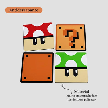 Jogo de Porta Copos Mario - Cogumelos e Blocos - 4 peças