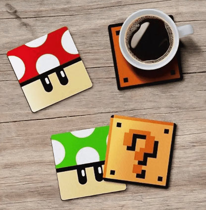 Jogo de Porta Copos Mario - Cogumelos e Blocos - 4 peças