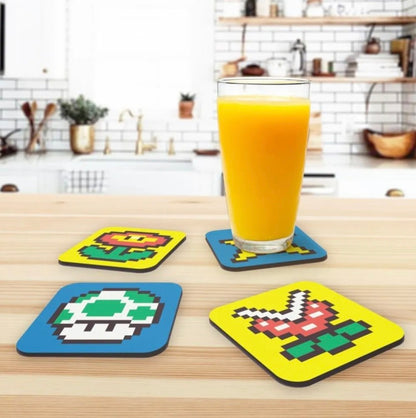 Jogo de Porta Copos Mario - Flor, Estrela e Cogumelo - 4 peças